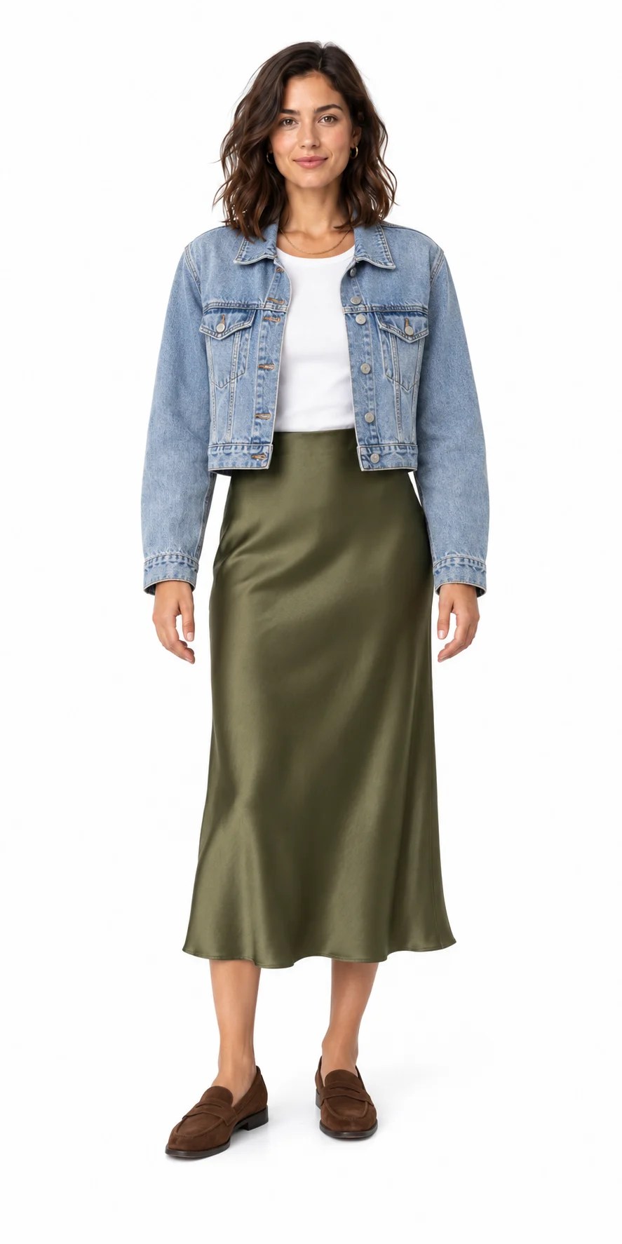 Modelo con chaqueta corta de denim claro, camiseta blanca, falda midi satinada verde oliva y mocasines de ante marrones