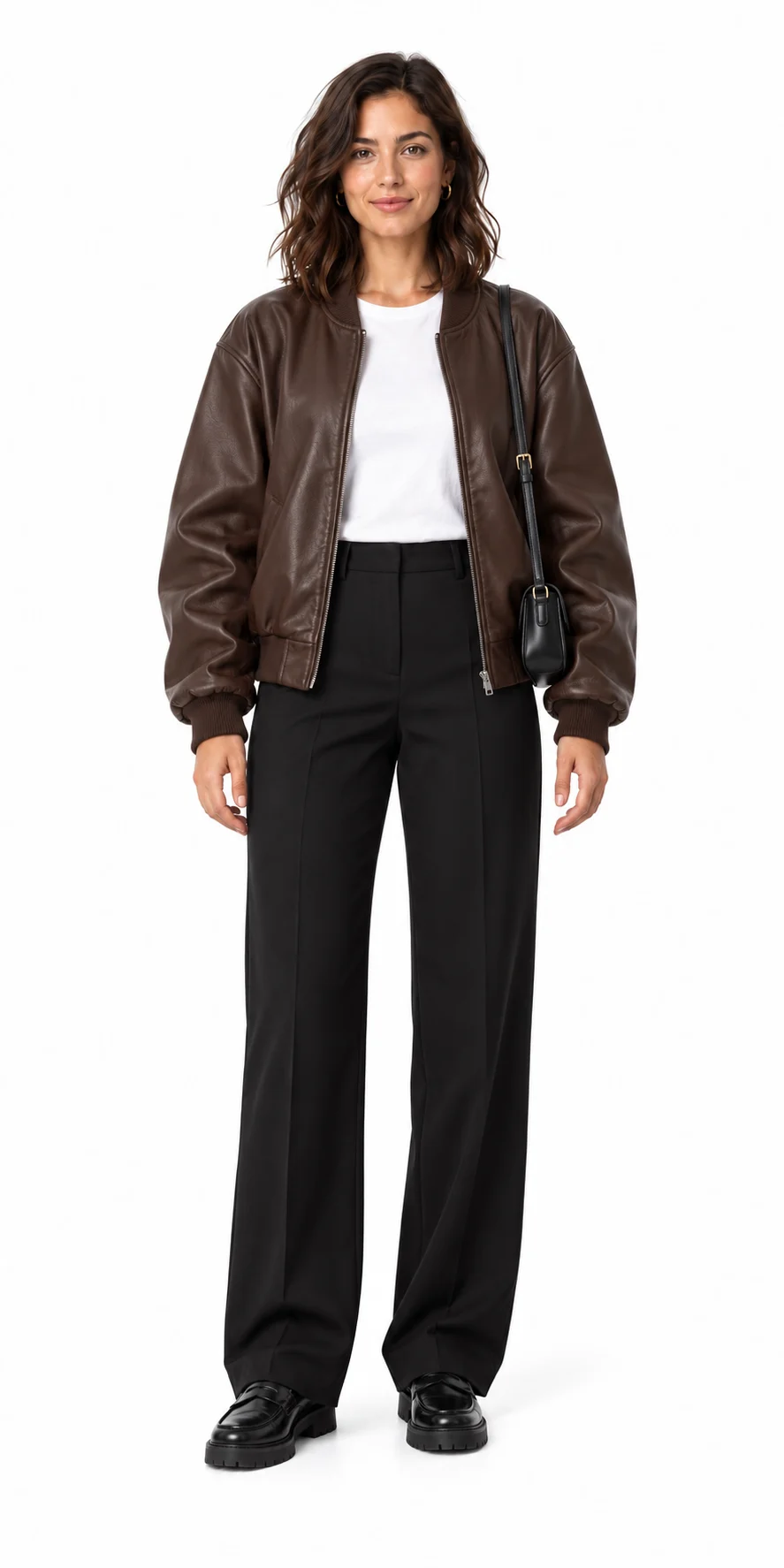 Modelo con bomber marrón chocolate de piel sintética, camiseta blanca, pantalones de vestir negros y mocasines de suela gruesa