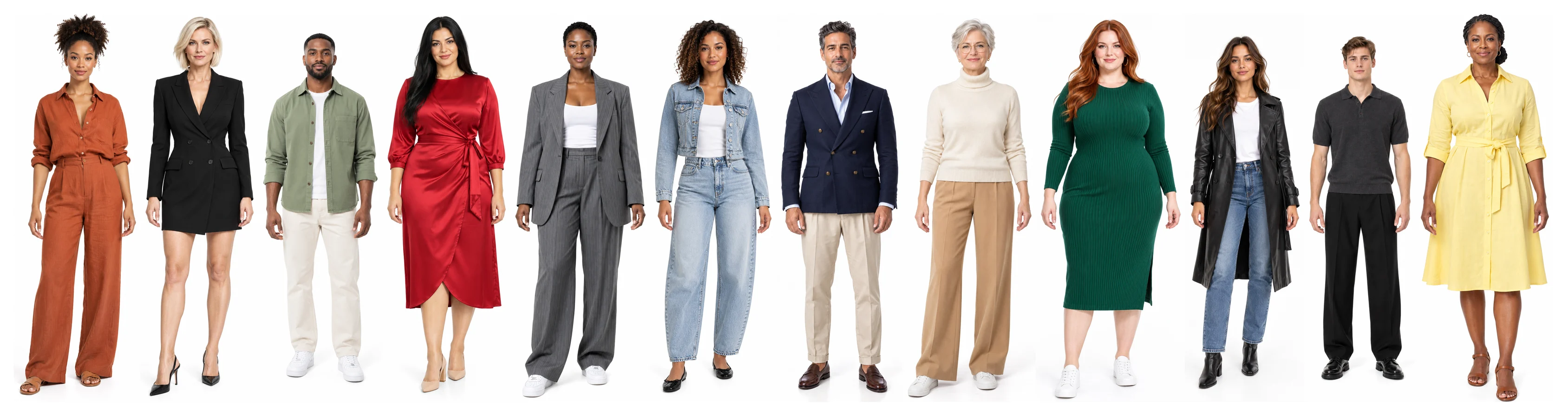 Doce modelos, mujeres y hombres con distintos cuerpos y tonos de piel, cada uno con un outfit diferente