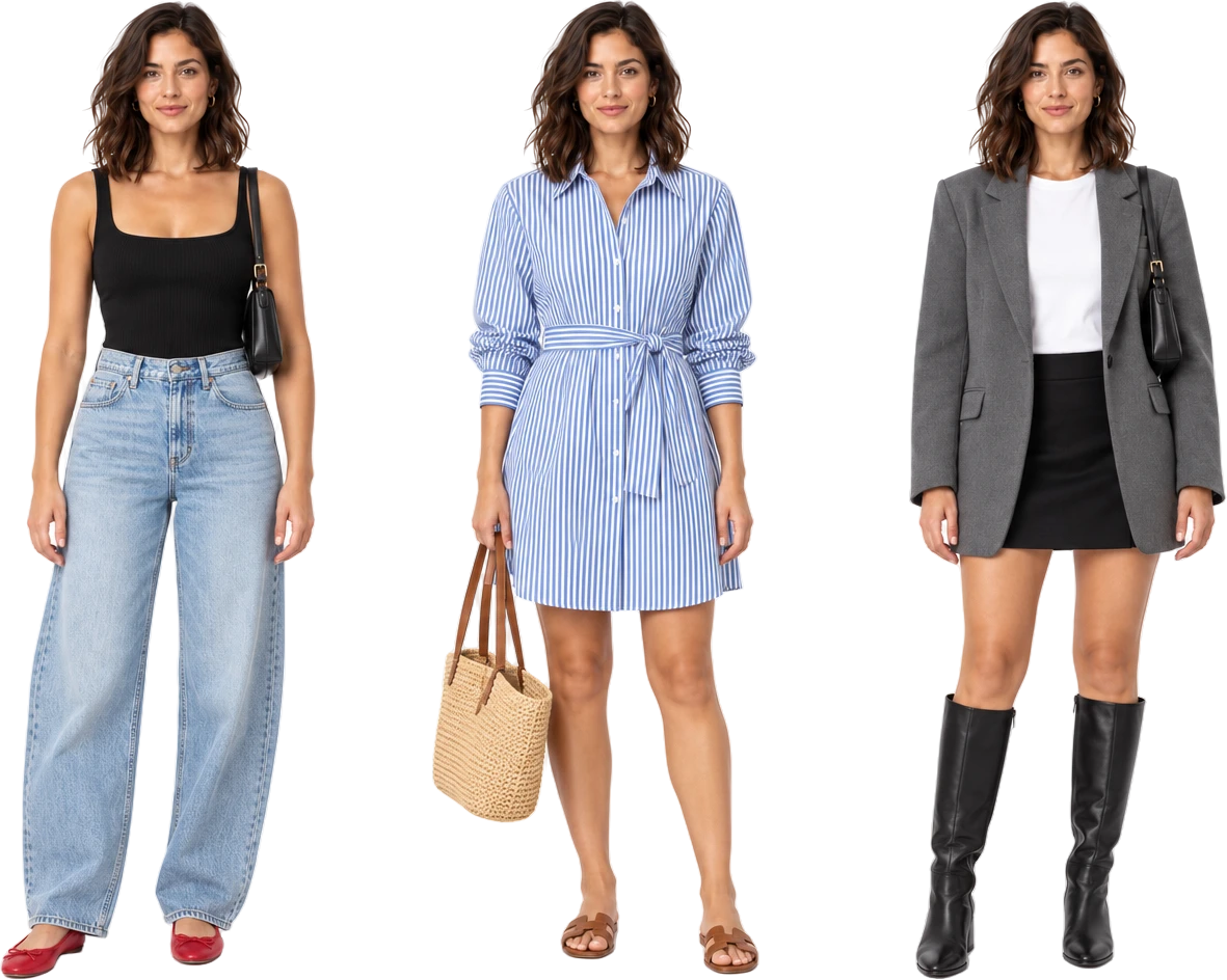 Una modelo con tres outfits: body negro con jeans curvos, vestido camisero de rayas y blazer gris con minifalda y botas altas