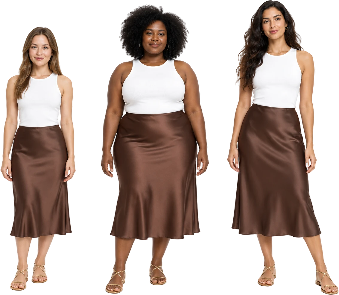 La misma camiseta blanca y falda midi satinada marrón chocolate en tres mujeres con distintos cuerpos y tonos de piel
