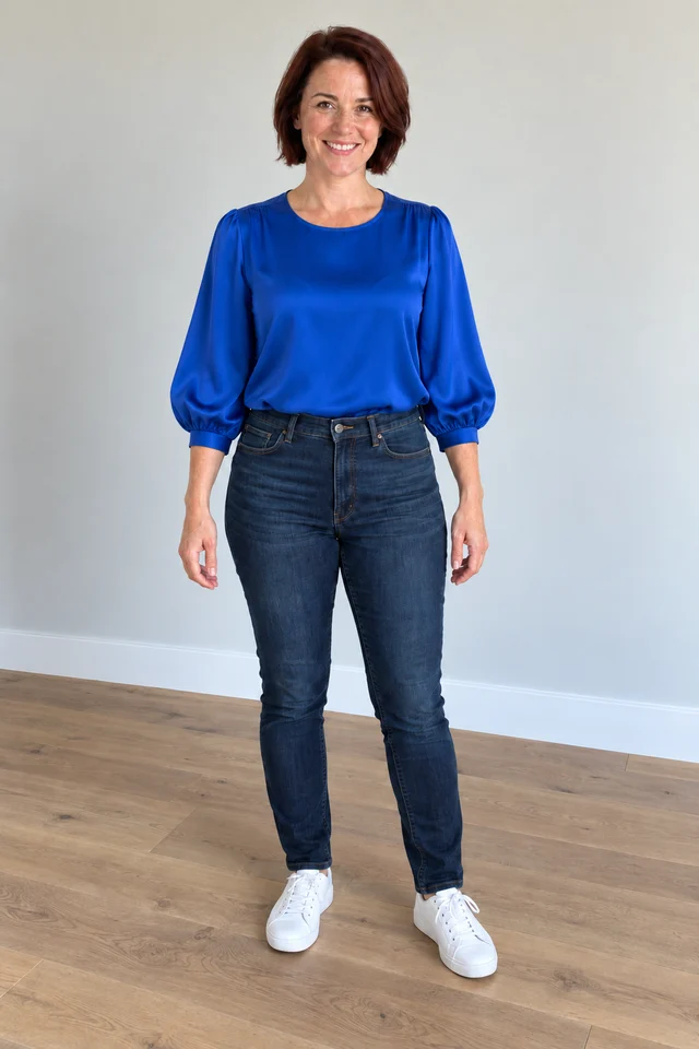 Vista previa de la misma clienta, con blusa satinada azul cobalto y sus jeans